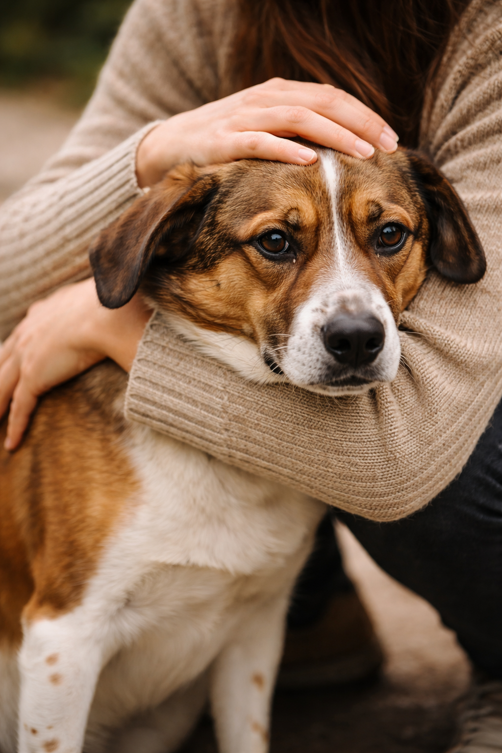 trauriger Hund in körperlicher Umarmung